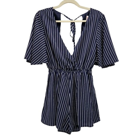 NWT Showpo Navy Stripe V-neck Romper Womens 4 - Picture 1 of 10